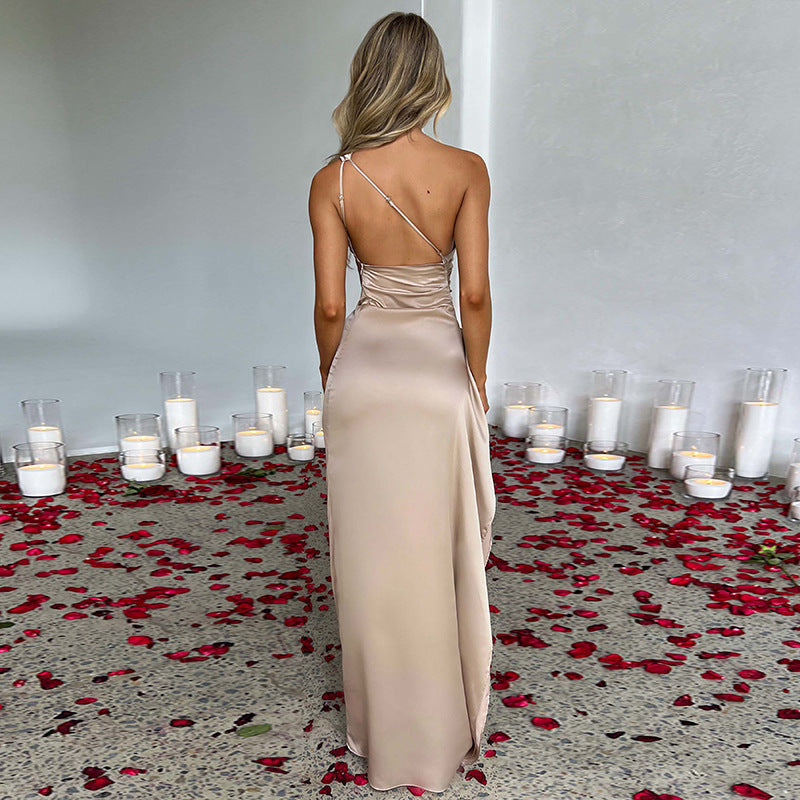 Sexy Satin One-shoulder Backless Split Dress